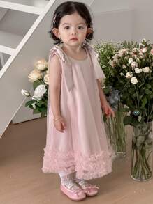 DAZY Baby Girl Bowknot Bandage Mesh Summer Elegant Sleeveless Dress - Dusty Pink - View 9