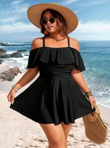 Swim Lushoire Plus Size Women's Solid Color Ruffled Shoulder Vacation Tankini Top For Summer - Black - View 1