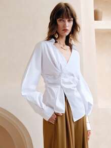 EMERY ROSE Women's Cotton Shirt Solid Color Waist Long Sleeve Blouse, Fashionable For Summer, Solid Color Cinching Waist Button Down Collared Long Sleeve Shirt, Casual Solid Color Drop Shoulder Loose Blouse,Draping Blouse,Lantern Sleeve Cotton Shirt,Summer Tops,Long Sleeve Top,Festival,Country Concert,Bohemia,Boho - White - View 5