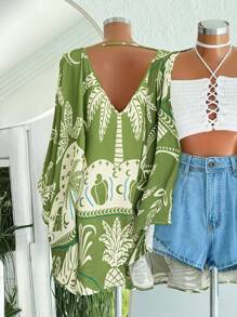 Flirla Plus Size Open Front Casual Women's Apparel Digital Print Lightweight Jacket - Multicolor - View 2