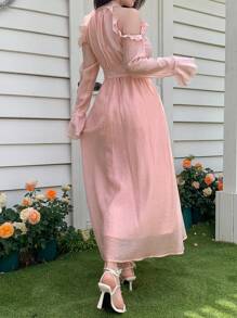 DAZY Rochie midi cu mânecă lungă pentru femei, de toamnă, cu model casual, cu talie înaltă, mânecă clopot, volane, guler nou, umăr deschis - Roz - Vizualizare 3