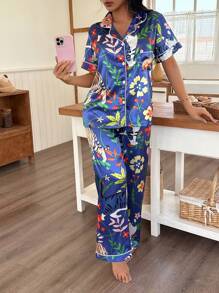 Flower Tiger Print Cardigan Women's Pajama Set - Multicolor - View 3