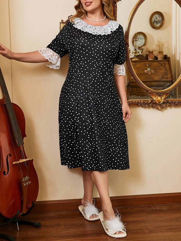 Côtesoire Plus Size Women Dot & Contrast Color Lace Trim Round Neck Short Sleeve Nightgown Babydoll Holiday Season - Multicolor - View 4