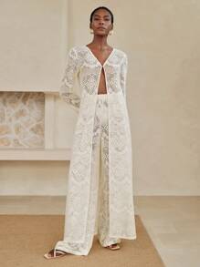 Arave 2pcs/Set Women Solid Color Hollow Long Sleeve V-Neck Cardigan & Straight Leg Pants, Casual Outdoor Beach Vacation Outfit For / Fall Women Clothes Fall Outfits Women Fall Autumn Clothes - Beige - View 5