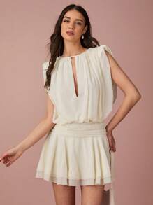 Enchnt 春夏浪漫女士白色荷叶边下摆无袖迷你连衣裙，甜美优雅，适合度假、约会、节日、派对、毕业典礼和婚礼宾客，女士夏装，女士太阳裙，夏装 - 杏色 - 查看 4