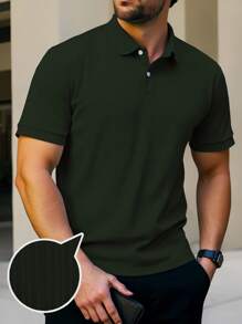 Manfinity Homme 大码男士纯色短袖 Polo 衫，夏季时尚 - 軍綠色 - 查看 3