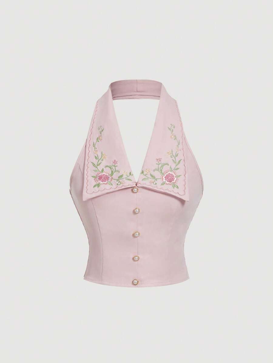 SHEIN MOD 浅粉色花卉刺绣V领短款女式衬衫,春夏 - 淺粉色 - 查看 1