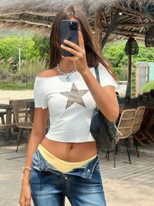 Jouncy Camiseta corta de mujer con estampado de leopardo y estrellas, con hombros descubiertos - Blanco - Ver 1