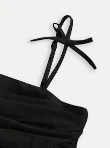 Tween Girl Woven Solid Color Bubble Pleated Double Layer Casual French Cami Dress ,Vacation