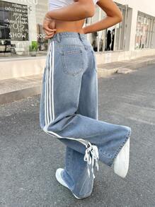 SHEIN 少女 Y2K 时尚条纹蝴蝶结宽松复古休闲斜口袋直筒牛仔裤，春夏假期 - 淺色水洗藍 - 查看 2