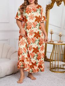 SHEIN Camisón de manga corta con volantes y estampado floral, vestido de dormir tipo "Moo Moo" de talla grande - Multicolor - Ver 5