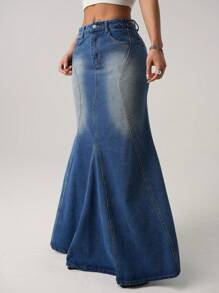 SHEIN ICON 女士渐变色口袋喇叭休闲牛仔裙 - 中等水洗藍 - 查看 6