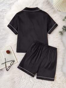 Girls Pajamas Set, Soft Solid Color Waffle Knit Applique Heart, Collar Button Short Sleeve & Shorts 2pcs For Teens - Black - View 2
