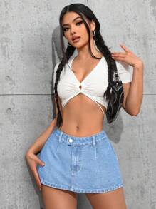 SHEIN Tall 水洗超短牛仔迷你裙，夏季休闲 - 淺色水洗藍 - 查看 4