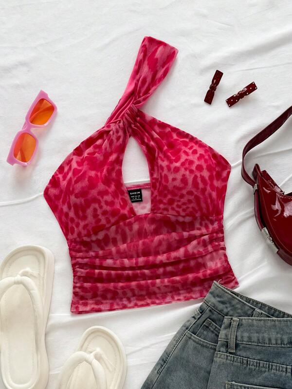 Soleia Sexy Leopard Muster Häkelbluse mit Rückenausschnitt und ohne Ärmel für Damen, geeignet für Urlaub, Musikfestivals, Strand, Ferien-Dates, Boho Stil