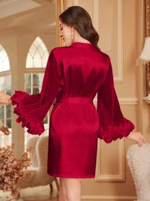 3D立体花卉饰边性感女士睡袍，奢华家居服，秋冬款 - 紅色 - 查看 2