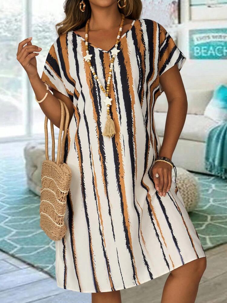 Plus Size Casual Vacation Contrast Striped Batwing Sleeve Midi Dress,Vacation Outfits Woman Summer Outfits For Women Office Wear, Vacation Outfits Woman Summer Outfits For Women Festival BohosBoho,Holiday Outfit,Sun Dresses For Women,Spring