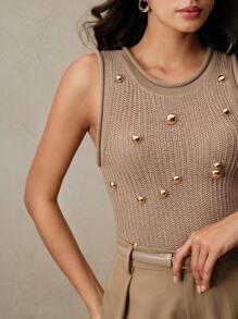 Anewsta Summer Cool Thick Knit Hollow-Out Metal Mirrored Beaded Rolled Hem Vest - Khaki - View 7