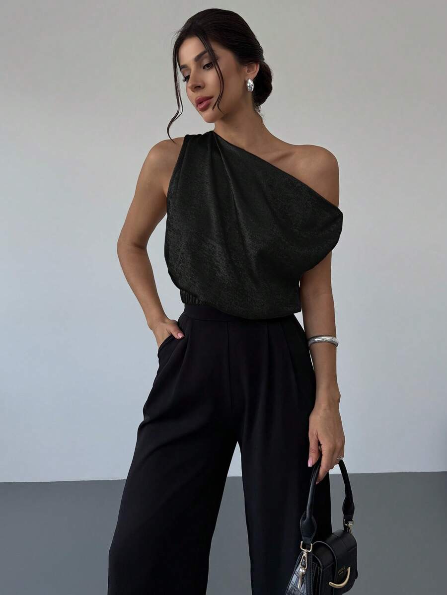 Firerie 女士情人节不对称露肩宽松金属涂层无袖衬衫，优雅浪漫，适合约会、派对、日常通勤