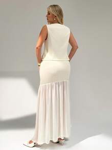 Auralis Plus Size Women Single-Breasted Vest And Midi Skirt Set, Elegant 2 Pieces Outfit,Summer Outfits For Women - Apricot - View 2