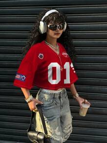 SHEIN EZwear 女士休闲 V 领宽松短款 5 袖网眼 T 恤，适合夏季和运动比赛，数字 01 印花