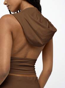 SUMWON WOMEN 连帽无袖围脖领上衣健身运动服夏季短款舞蹈表演上衣露背风格运动都市街头服饰节日俱乐部时尚 - 巧克力棕 - 查看 7