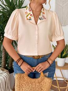 SHEIN LUNE Plus Size Women Floral Print Detail Short Sleeve Button Blouse - Apricot - View 6