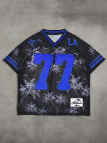 Manfinity Campus Court Aesthetic Post--Men's 3pcs/Set Coconut Tree Allover Print V-Neck Mesh Casual Tees Set - Multicolor - View 6