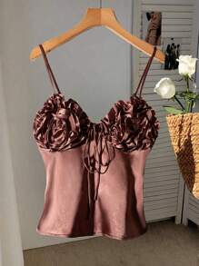 Women's Satin Solid V-Neck Ruffle Detail Bowknot Decor Camisole Tank Top, Summer - Coffee Brown - View 2
