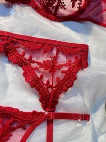 5件套女士花卉刺绣网眼性感内衣套装，适合外出穿着