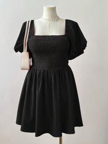 Flirla Đầm tay đèn lồng hở lưng màu trơn cổ tròn dễ thương ngọt ngào phong cách công chúa tối giản thời trang sinh viên lãng mạn ngày lễ tình nhân mùa cưới lễ phục sinh - màu đen - Xem 5