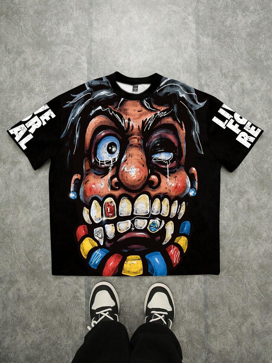 Manfinity Roghcode 男士宽松街头风趣味表情印花 T 恤 - 黑色 - 查看 1