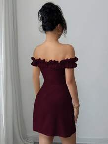 Elenzga Off Shoulder Ruffle Trim Cinched Waist Romantic Women Dress