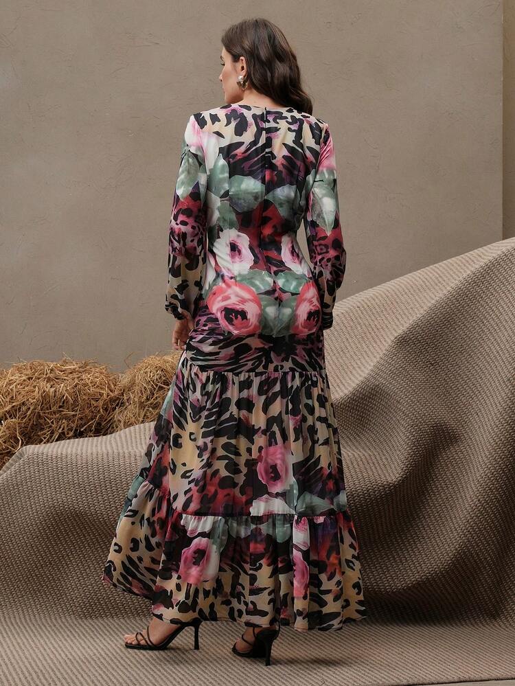 Women's Purple Orchid Print Elegant Dress, Flowing And Graceful Goddess Style