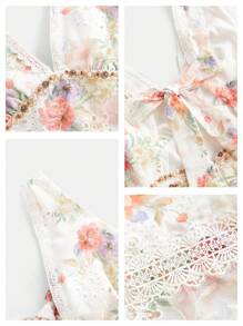 Anewsta 女士轻盈奢华度假优雅 V 领花卉印花多层荷叶边蕾丝下摆细肩带连衣裙，适合节日、外出、度假