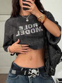 Coolane 女式春夏垃圾摇滚基本款街头扎染针织水钻图案短款大码 T 恤