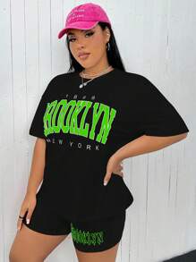 SHEIN MOOSTA 2pcs Plus Size Set, Letter Print Round Neck Short Sleeve T-Shirt And Shorts, Suitable For Summer - Black - View 5