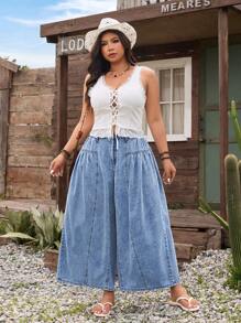 SHEIN LUNE Plus Size Women Pockets Solid Color Loose High Waist Jeans - Blue - View 3