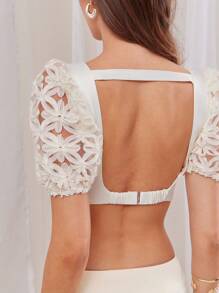 L'Amorae 女士优雅性感 3D 花卉拼布露背超短上衣，夏季 - 杏色 - 查看 4