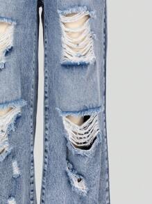 Sparklyn 时尚少女中长款水洗破洞松紧腰直筒休闲牛仔裤 - 中等水洗藍 - 查看 4