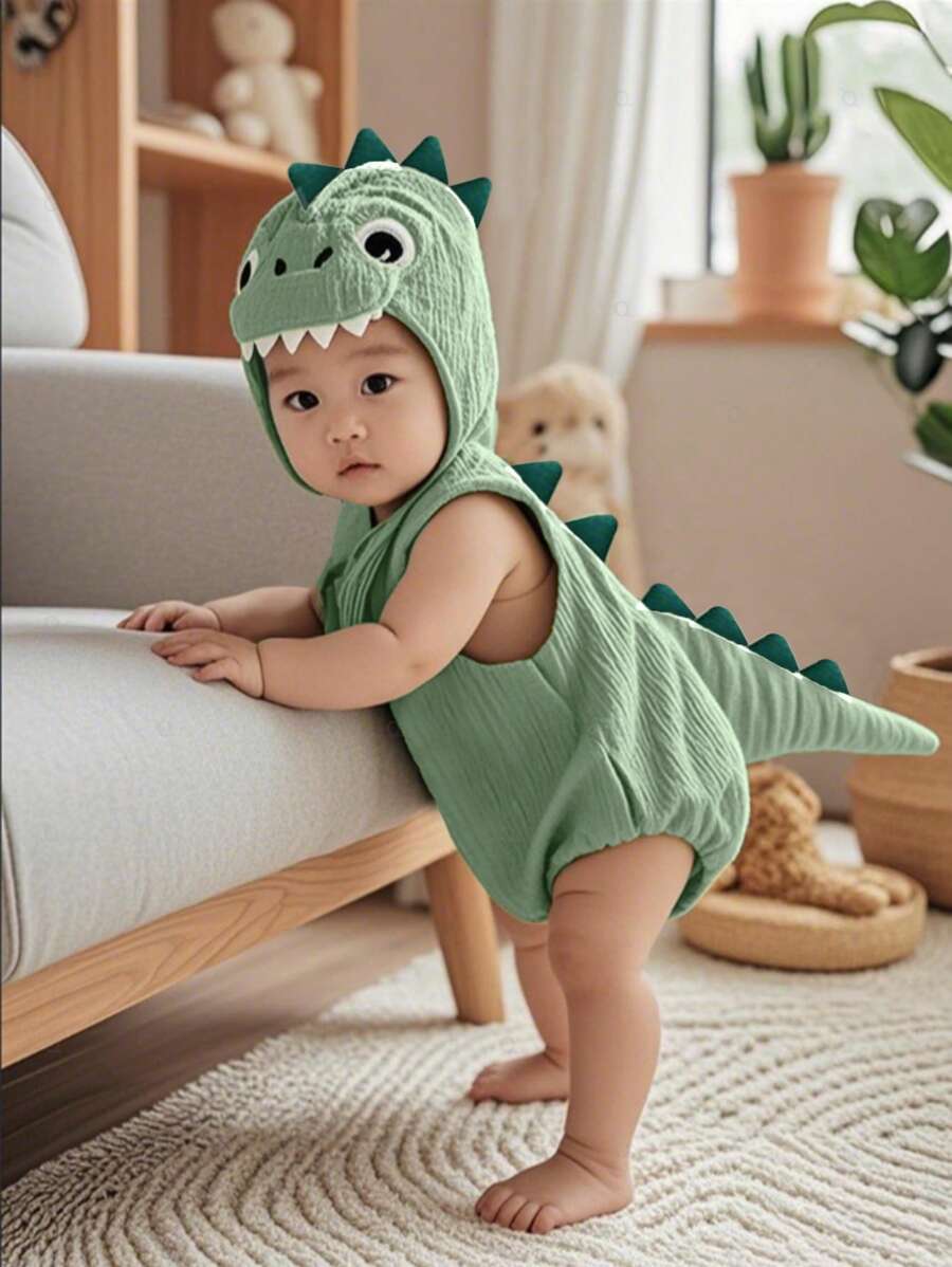 SHEIN Playful Pals 2pcs Baby Boys Summer Green Soft Cotton Dinosaur Bodysuit Dinosaur Hat Set, Cute Style