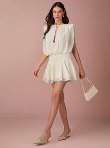 Enchnt 春夏浪漫女士白色荷叶边下摆无袖迷你连衣裙，甜美优雅，适合度假、约会、节日、派对、毕业典礼和婚礼宾客，女士夏装，女士太阳裙，夏装 - 杏色 - 查看 5