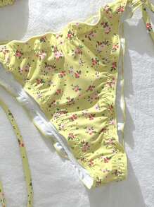 Swim Mod Swimwear Women Summer Random Floral Print Spaghetti Strap Ruffle Sexy Bikini Set - Yellow - View 4