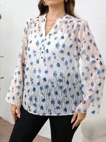 SHEIN Clasi 大码女士优雅雪纺提花印花衬衫，夏季女装，夏季上衣，波西米亚风，适合度假、母亲节、7月4日、毕业典礼、早午餐、教堂等场合。 - 白色 - 查看 8