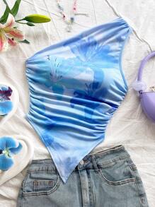 Soleia 全新度假针织枫叶印花褶皱单肩吊带背心上衣