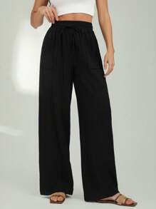 SHEIN Tall Double-Layered Wrinkle Cloth Distressed Washed Women's Long Pants - Black - View 7