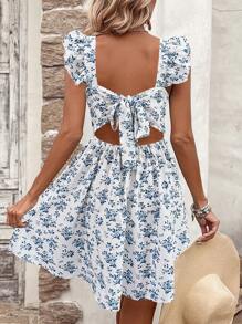 Breezaya Women's Ruffle Strap Full Print Tie Back Dress Vacation Beach Outfit