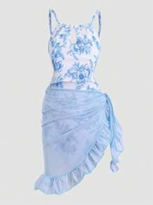 SHEIN 女童休闲可爱碎花镂空泳衣（含围巾） - 淺藍色 - 查看 7