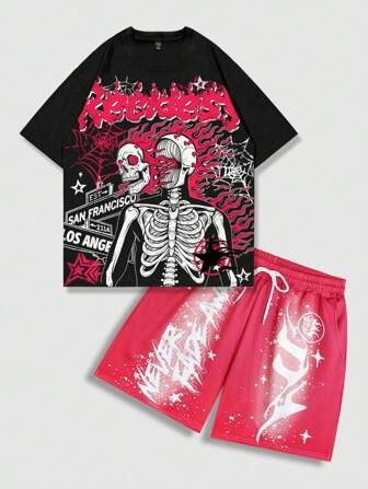 Street Life Men's Oversized Trash Punk Short Graphic T-Shirt & Shorts Set, Vintage Streetwear Style
