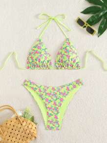 Swim Mod Springbreak Women's Cute Sexy Floral Print Double-Faced Bikini Set, Side-Tie Swim Shorts, Adjustable 2Pcs Beach Vacation Outfit, Festival Boho Style